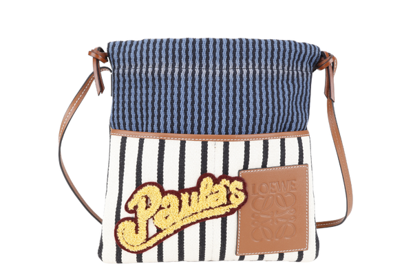LOEWE PAULA'S IBIZA STRIPE PATCH DRAWSTRING BAG BROWN LEATHER TRIM WITH DUST COVER