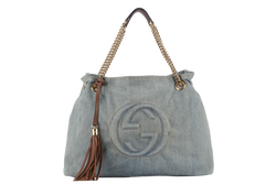 GUCCI SOHO CHAIN SHOULDER BAG MEDIUM BLUE DENIM GOLD HARDWARE NO DUST COVER