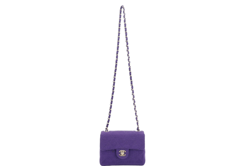 CHANEL CLASSIC FLAP MINI SQUARE (648xxxx) PURPLE JERSEY GOLD HARDWARE WITH DUST COVER AND CARD