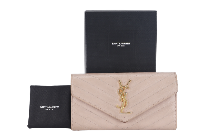 YVES SAINT LAURENT (YSL) LOGO CONTINENTAL WALLET BEIGE QUILTED LEATHER WITH DUST COVER AND BOX