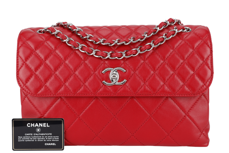 CHANEL SINGLE FLAP BAG (1444xxxx) RED QUILTED LAMBSKIN SILVER HARDWARE WITH CARD