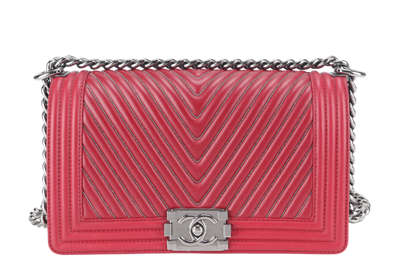 CHANEL LEBOY RED CHEVRON WITH GLITTERS LINE SILVER HARDWARE (2038xxxx) WITH CARD AND BOX