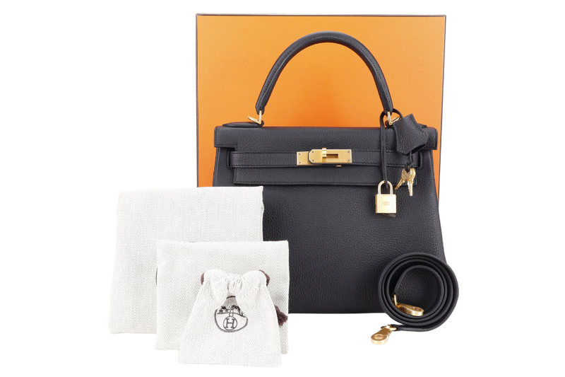 HERMES KELLY 28 BLACK TOGO BRUSHED GOLD HARDWARE STAMP K (YEAR 2025) WITH STRAPS, KEYS & LOCK, DUST COVER AND BOX