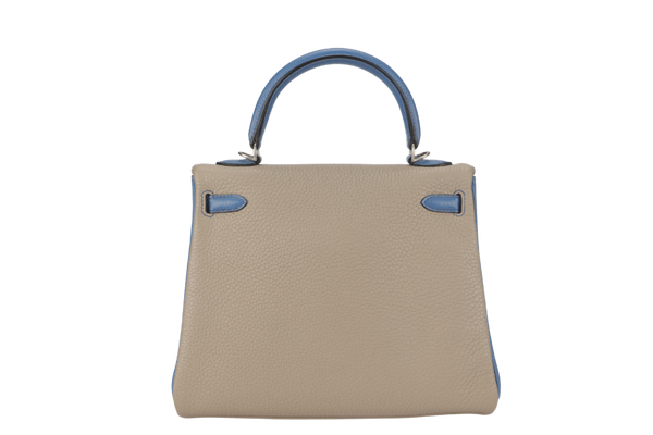 HERMES KELLY 25 HSS GRIS TOURTERELLE MYKONOS TOGO WITH BRUSHED SILVER HARDWARE STAMP P (2012) WITH LOCK&KEYS AND STRAPS