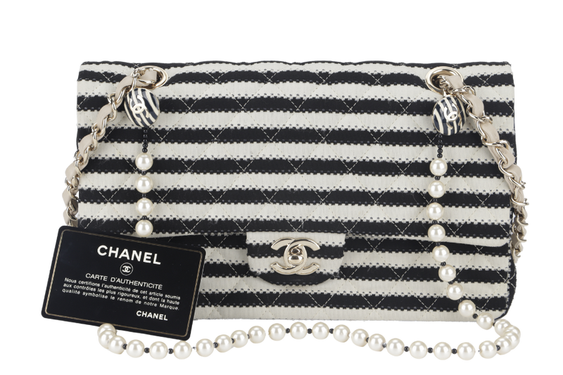 CHANEL COCO SAILOR STRIPE (1919xxxx) BLACK & WHITE JERSEY GOLD HARDWARE WITH CARD