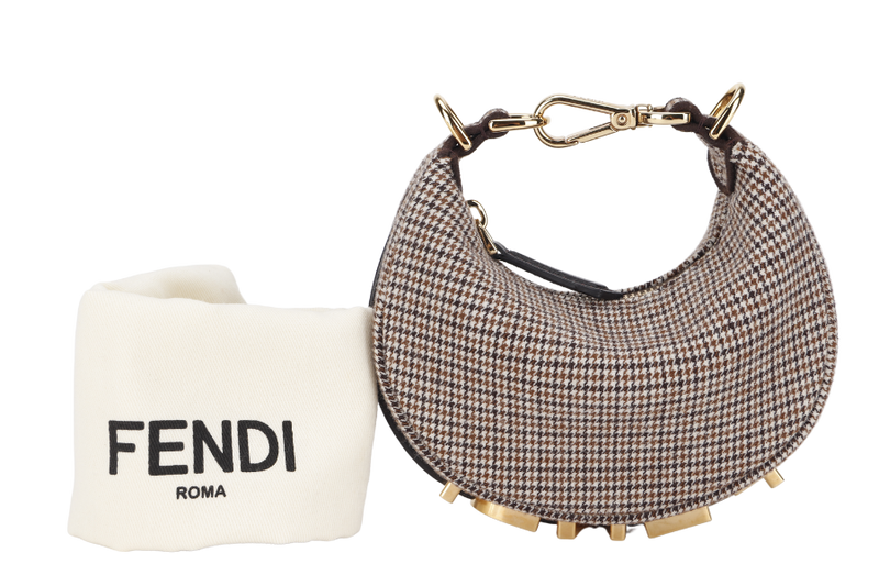 FENDI FENDIGRAPHY NANO (7AS089 AL9Z P·0189) BEIGE WOOL HOUNDSTOOTH MOTIF GOLD HARDWARE, WITH DUST COVER