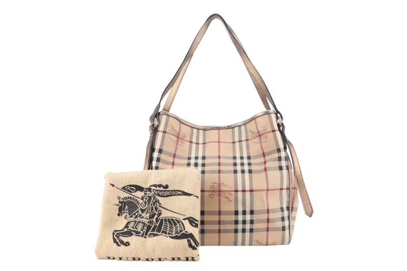 BURBERRY HAYMARKET CHECK TOTE BEIGE LEATHER GOLD HARDWARE WITH DUST COVER