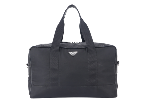 PRADA DUFFLE BAG 45 BLACK NYLON SILVER HARDWARE WITH LOCK AND STRAPS NO DUST COVER