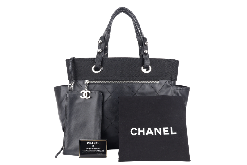 CHANEL PARIS BIARRITZ TOTE BAG BLACK COATED CANVAS SILVER HARDWARE (1407xxxx) WITH CARD AND DUST COVER