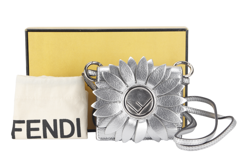 FENDI FLOWER MICRO KAN-I (8BS003) METALLIC SILVER CROSSBODY BAG WITH DUST COVER AND BOX