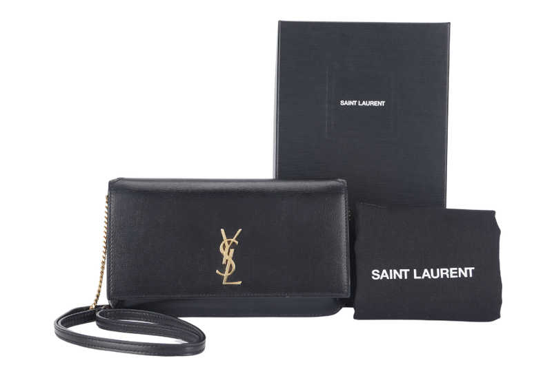 YVES SAINT LAURENT (YSL) CASSANDRA PHONE HOLDER (TGN33509.0322) BLACK LEATHER GOLD HARDWARE WITH DUST COVER AND BOX