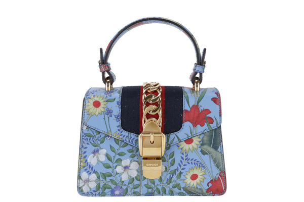 GUCCI FLORAL PRINT BAG MINI BLUE LEATHER GOLD HARDWARE NO DUST COVER