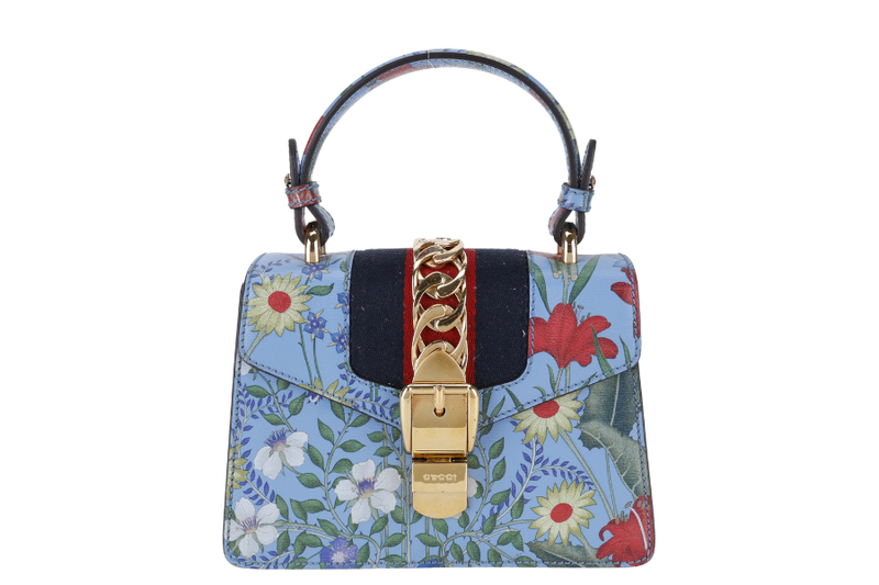 GUCCI FLORAL PRINT BAG MINI BLUE LEATHER GOLD HARDWARE NO DUST COVER