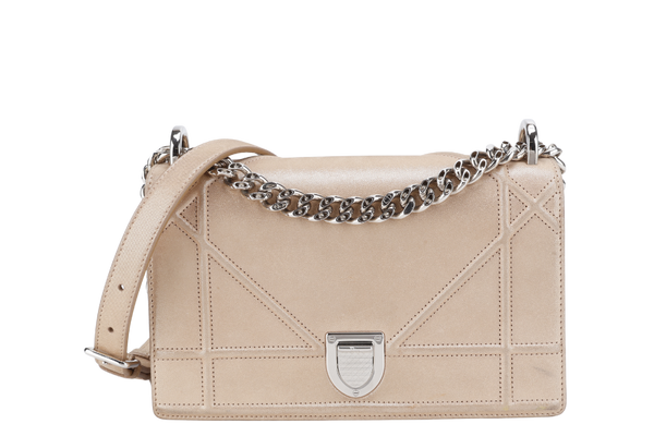 DIOR DIORAMA SMALL METALLIC BEIGE SUEDE SILVER HARDWARE 01-BO-0125 WITH CARD, DUST COVER AND BOX