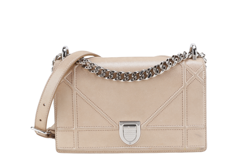 DIOR DIORAMA SMALL METALLIC BEIGE SUEDE SILVER HARDWARE 01-BO-0125 WITH CARD, DUST COVER AND BOX