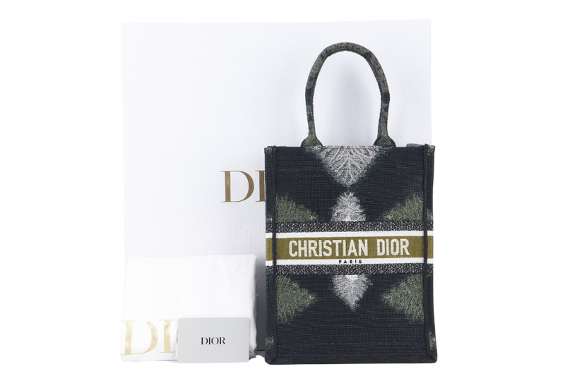 CHRISTIAN DIOR TIE VERTICAL BOOK TOTE (50-MA-0260) BLACK, GREEN & WHITE  CANVAS WITH CARD, DUST COVER AND BOX