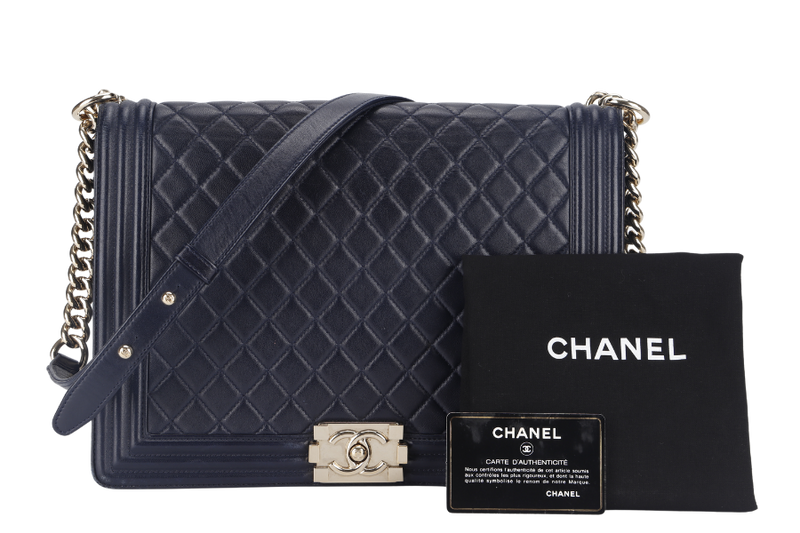 CHANEL LEBOY LARGE (2226xxxx) NAVY BLUE LAMBSKIN GOLD HARDWARE WITH DUST COVER AND BOX