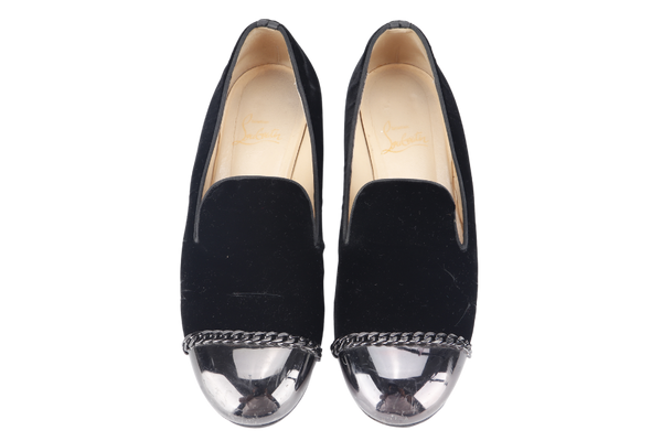 CHRISTIAN LOUBOUTIN BLACK VELVET FLAT 38.5 WITH DUST COVER