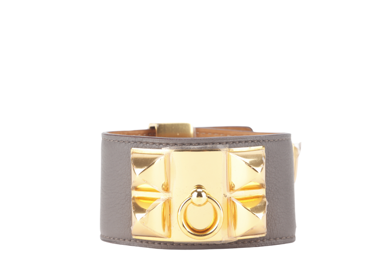 HERMES COLLIER DE CHEIN BRACELET GREY LEATHER GOLD HARDWARE STAMP O SQUARE (YEAR 2011) WITH DUST COVER AND BOX