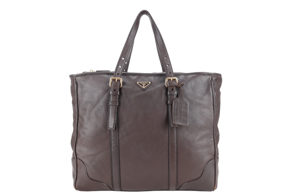 PRADA DARK BROWN DEERSKIN VERTICAL SHOULDER TOTE GOLD HARDWARE NO DUST COVER