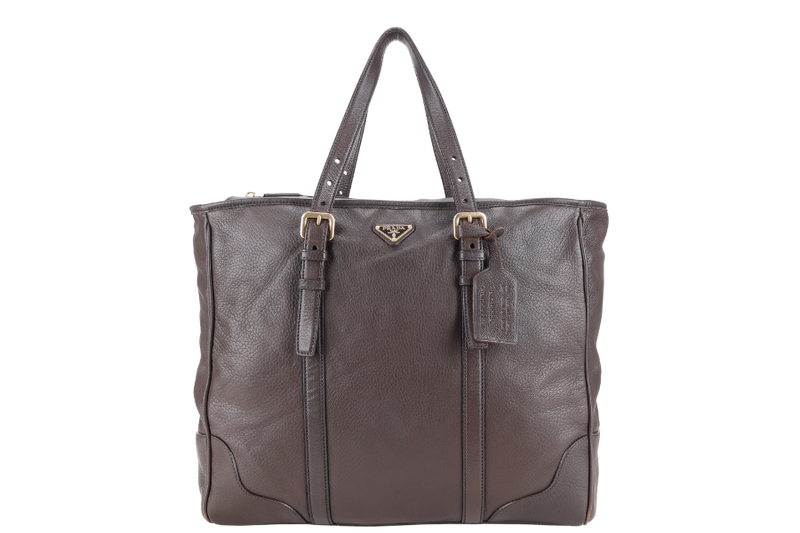 PRADA DARK BROWN DEERSKIN VERTICAL SHOULDER TOTE GOLD HARDWARE NO DUST COVER