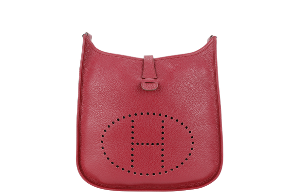 HERMES EVELYNE MM STAMP R (YEAR 2014) RUBIS CLEMENCE LEATHER SILVER HARDWARE WITH STRAPS AND DUST COVER
