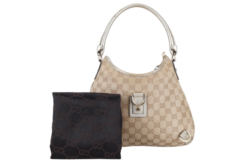 GUCCI GG ABBEY CANVAS METALLIC GOLD TRIM HOBO BAG WITH DUST COVER