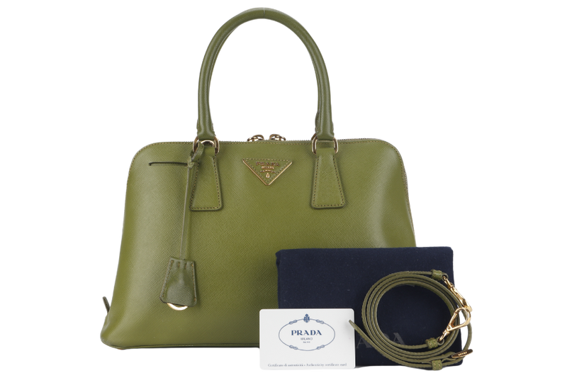 PRADA PROMENADE SATCHEL (BL0837) SMALL GREEN SAFFIANO LUX LEATHER GOLD HARDWARE WITH STRAP AND DUST COVER