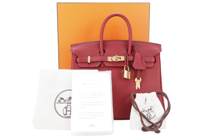 HERMES BIRKIN 25 ROUGE GRENAT TOGO GOLD HARDWARE STAMP C (YEAR 2018) WITH KEYS&LOCK, RAINCOAT, CARE CARD, DUST COVER AND BOX
