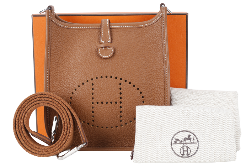 HERMES EVELYNE TPM GOLD CLEMENCE LEATHER SILVER HARDWARE STAMP U (YEAR 2022) WITH STRAPS, DUST COVER AND BOX