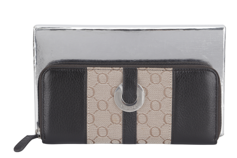 OROTON ZIP LONG WALLET BROWN CANVAS SILVER HARDWARE WITH BOX