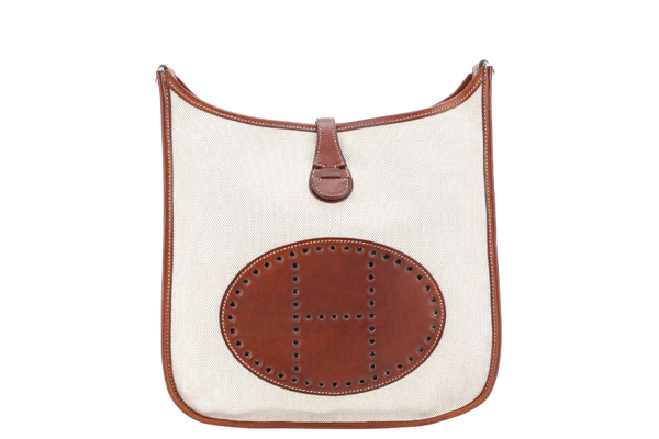 HERMES EVELYN PM TOILE X BARENIA LEATHER STAMP SQUARE K (YEAR 2007) WITH SLING AND DUST COVER