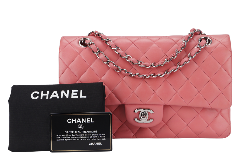 CHANEL FLAP MEDIUM (1632xxxx) PINK LAMBSKIN LEATHER SILVER HARDWARE WITH CARD, DUST COVER AND BOX