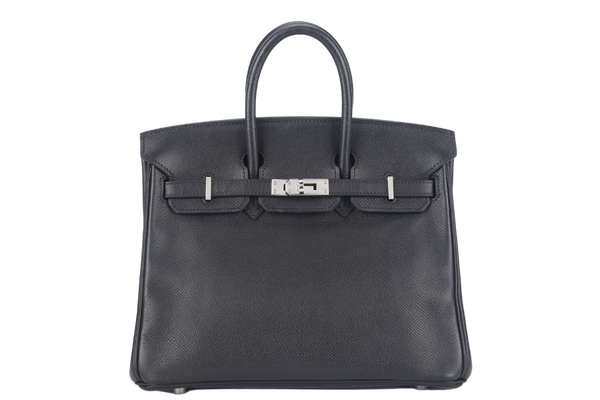 HERMES BIRKIN 25 BLACK EPSOM SILVER HARDWARE STAMP L (2008) WITH KEYS&LOCK, RAINCOAT AND DUST COVER