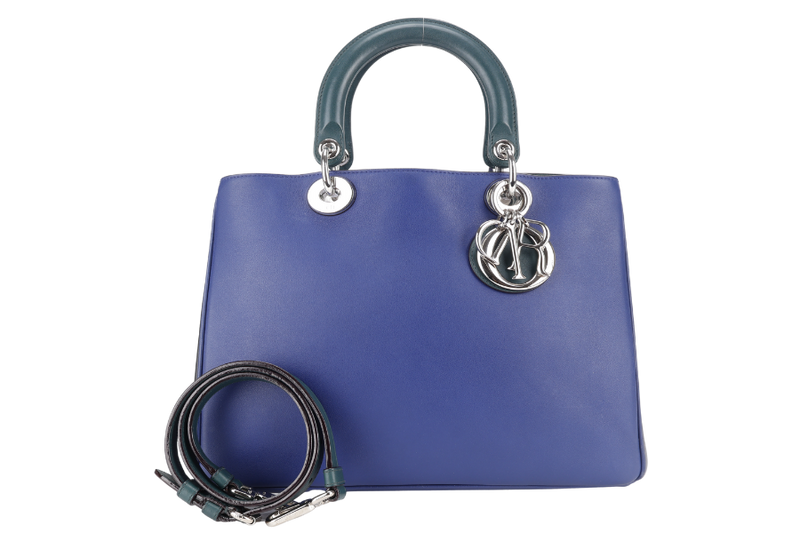 CHRISTIAN DIOR DIORISSIMO TOTE MEDIUM TRICOLOR BLUE-BLACK-GREEN SILVER HARDWARE (09-MA-0175) WITH STRAPS