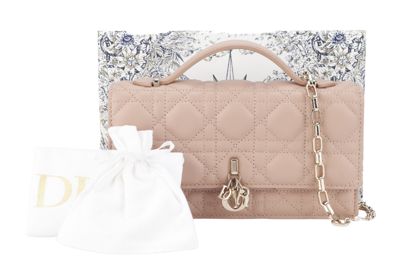CHRISTIAN DIOR CHAIN TOP HANDLE LADY DIOR WOC MINI CARAMEL BEIGE LAMBSKIN GOLD HARDWARE WITH STRAPS, CARD, DUST COVER AND BOX