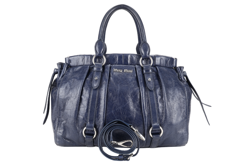 MIU MIU VITELLO SHINE SATCHEL DARK BLUE LEATHER SILVER HARDWARE WITH STRAPS AND NO DUST COVER