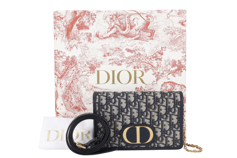 CHRISTIAN DIOR MONTAIGNE 2 IN 1/W.O.C BLUE NAVY OBLIQUE JACQUARD GOLD HARDWARE WITH CHAIN STRAPS, LEATHER STRAPS , DUST COVER AND BOX