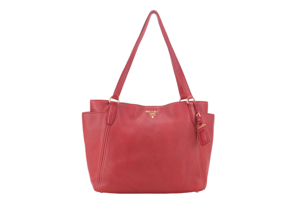 PRADA VITELLO DAINO DOUBLE POCKET TOTE BAG RED LEATHER GOLD HARDWARE NO DUST COVER