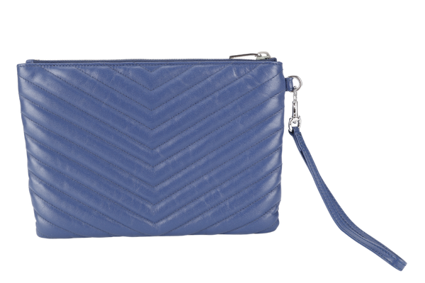 YVES SAINT LAURENT (YSL) V STITCH POUCH BLUE CALFSKIN SILVER HARDWARE NO DUST COVER