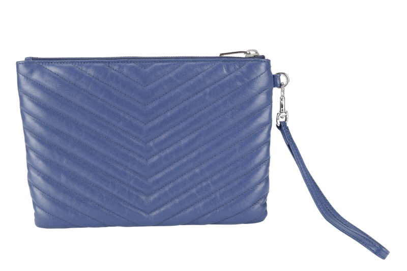 YVES SAINT LAURENT (YSL) V STITCH POUCH BLUE CALFSKIN SILVER HARDWARE NO DUST COVER