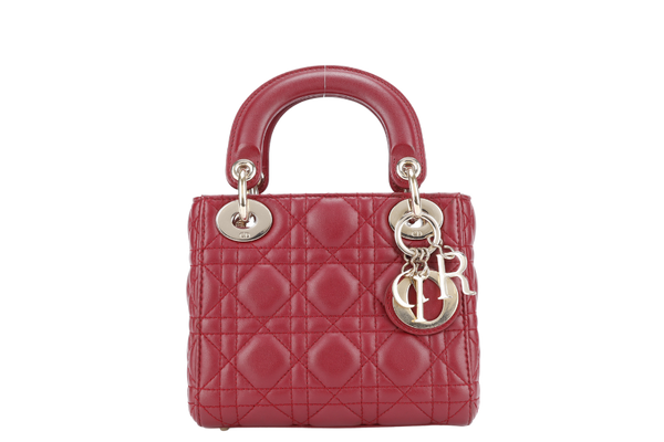 CHRISTIAN DIOR LADY DIOR MINI MAROON GOLD HARDWARE WITH CARD, DUST COVER AND BOX