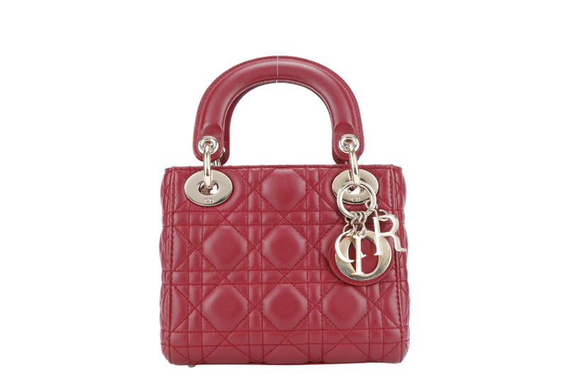 CHRISTIAN DIOR LADY DIOR MINI MAROON GOLD HARDWARE WITH CARD, DUST COVER AND BOX