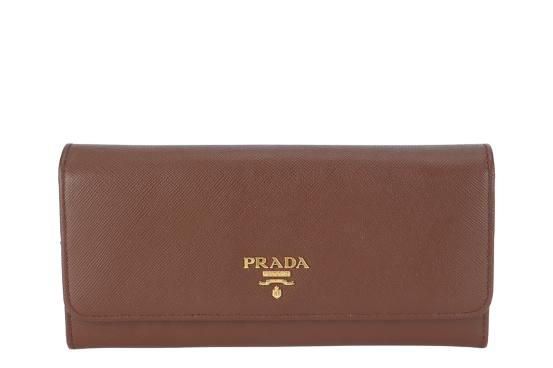 PRADA LONG WALLET BIFOLD (1M1132) BROWN SAFFIANO LEATHER GOLD HARDWARE WITH CARD