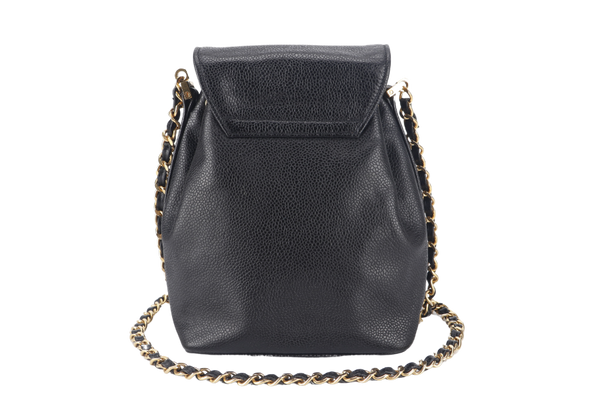 CHANEL VINTAGE BLACK CAVIAR MINI SLING BUCKET BAG WITH FLAP GOLD HARDWARE NO CARD, NO DUST COVER