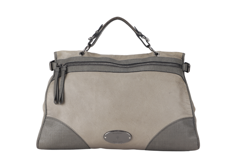 MULBERRY TAYLOR SATCHEL BAG LARGE OVERSIZED GRAY LEATHER SILVER HARDWARE 1362071 WITH LONG STRAP AND DUST COVER