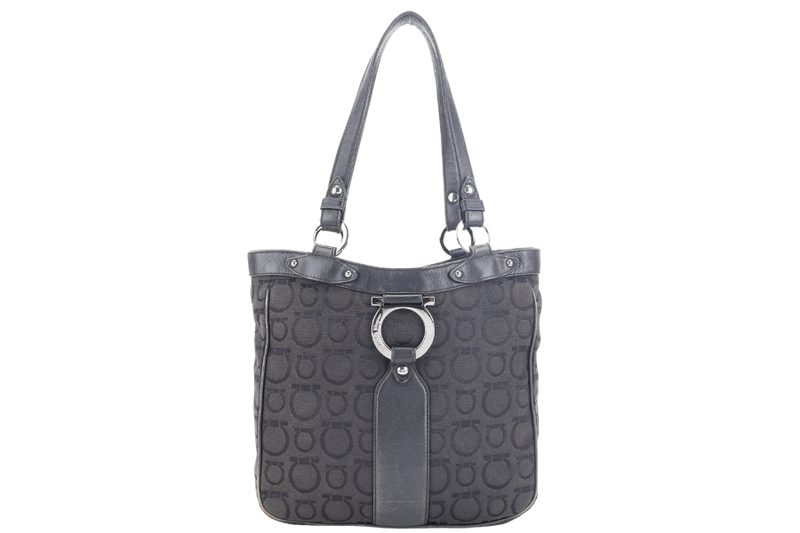 SALVATORE FERRAGAMO BLACK TOTE CANVAS WITH LEATHER LINING SILVER HARDWARE NO DUST COVER
