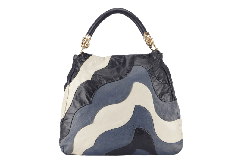 MIU MIU PATCHWORK HOBO BLUE WHITE CALF LEATHER GOLD HARDWARE NO DUST COVER