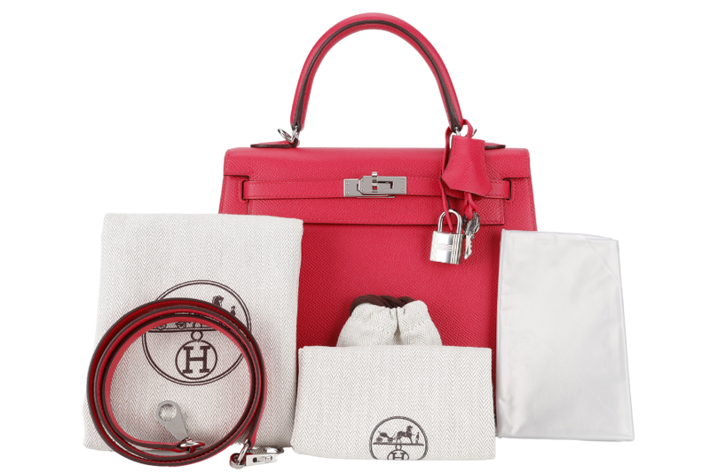 HERMES KELLY 25 SELLIER ROSE EXTREME EPSOM SILVER HARDWARE STAMP D (2020) WITH DUST COVER, LOCK & KEYS, STRAPS AND RAINCOAT