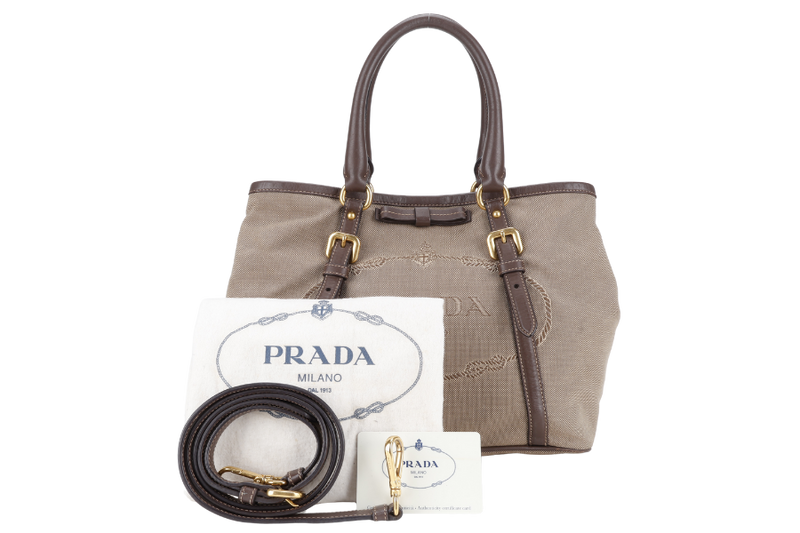PRADA LOGO JACQUARD MEDIUM CANVAS CORDA BRUCIA GOLD HARDWARE WITH LONG STRAPS, CARD AND DUST COVER